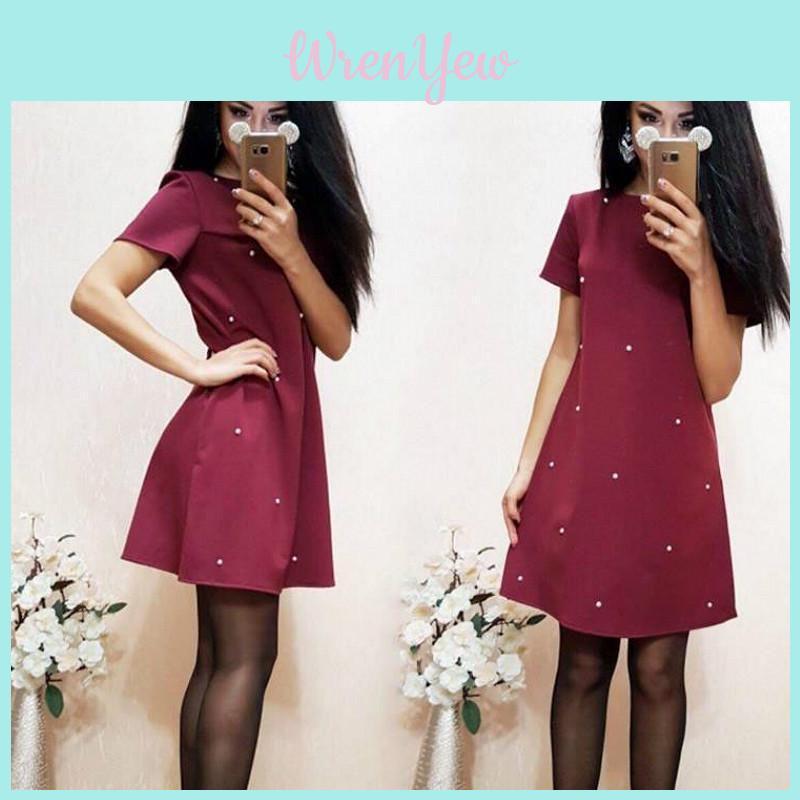 Elegant Casual O Neck Short Sleeve A-line Dress With Studded And Beaded Accents