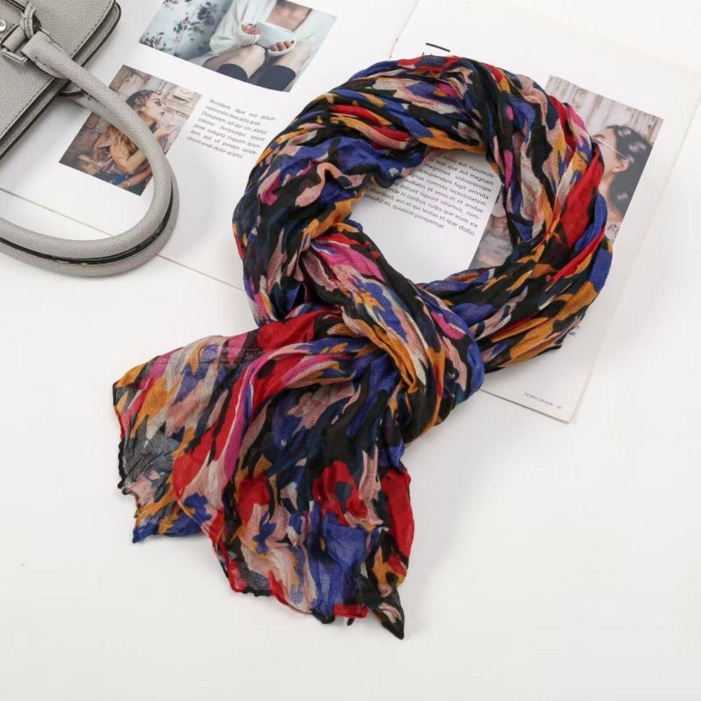 Floral Cotton Linen Scarf Vintage Long Shawl Wrap Fashion Pleated Printed Scarf  For Autumn Winter