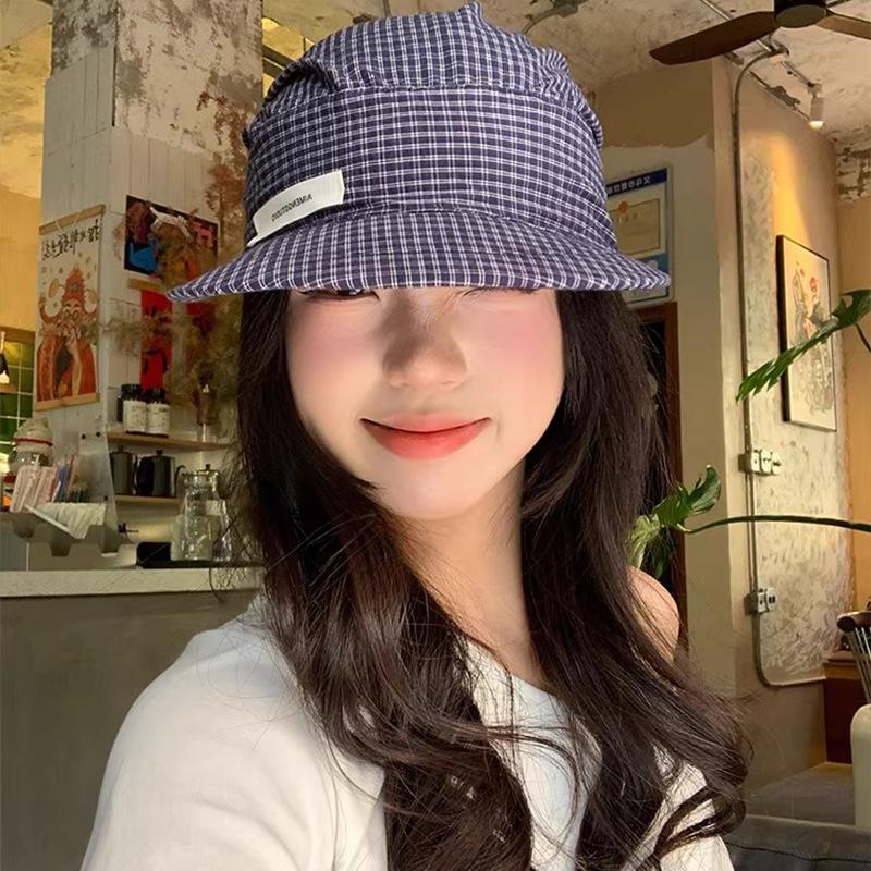 Spring and Summer Korean Style Literary Checkered Straps for Women with A Small  Versatile Flat Brimmed Baseball Cap Sun Protection Sun Hat