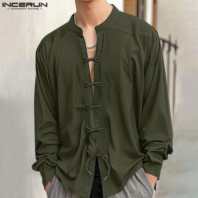 Men Vintage Ethnic Long Sleeve Lace Up Shirts Casual Bandage Tops
