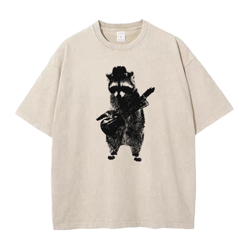 Raccoon Playing The Guitar Tops Tees Discount Crewneck Geek Short Sleeve All Cotton Male Washed T Shirt Slogan Washed Tees