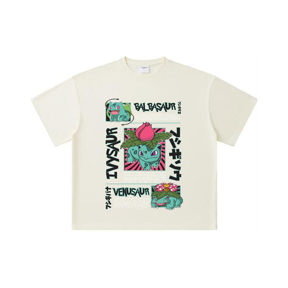 260 GSM Double Yarn 32 Count 100% Cotton Pokemon V4 Balbasaur Print Unisex Heavy Cotton T Shirt