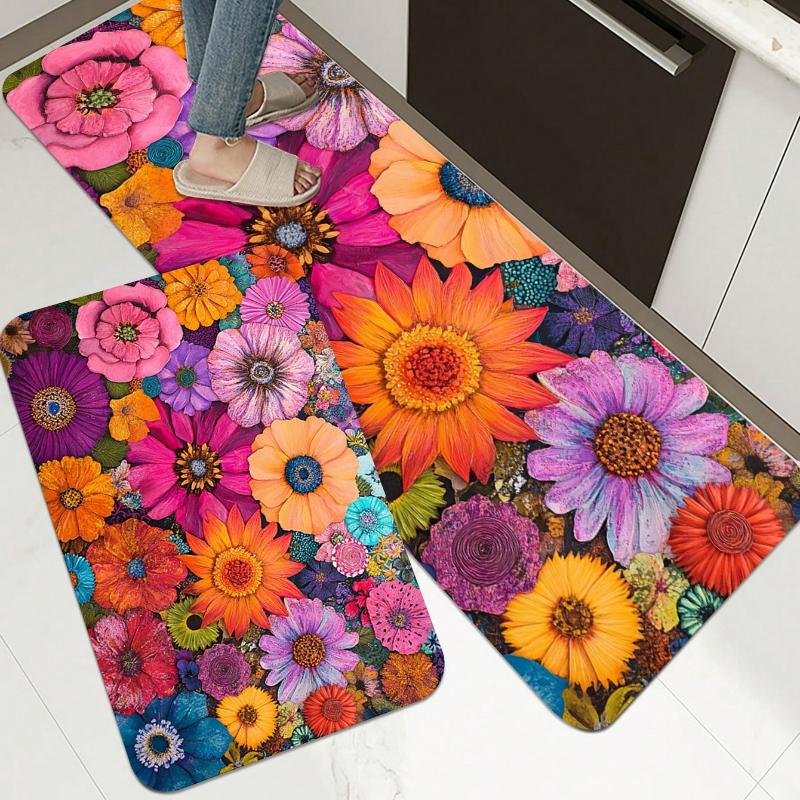 1pc Vibrant Floral Flannel Kitchen Floor Mat Machine Washable for Entrance Kitchen Living Room Laundry Bathroom Home Decor