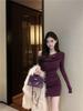 Lace Patchwork Off-Shoulder Long Sleeve Dress for Women Slim Fit Pure Temptation Bodycon Mini Skirt Purple Waist Cinched Tight Dress
