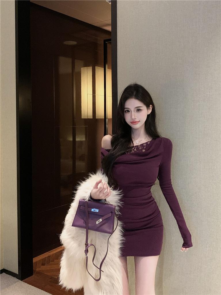 Lace Patchwork Off-Shoulder Long Sleeve Dress for Women Slim Fit Pure Temptation Bodycon Mini Skirt Purple Waist Cinched Tight Dress