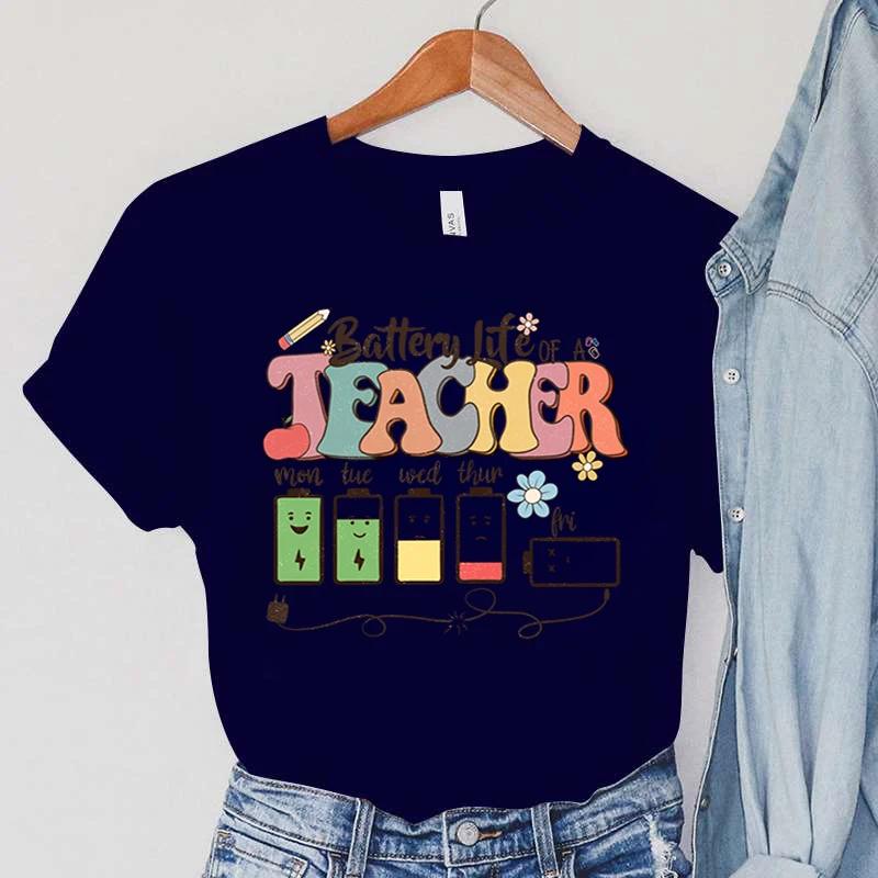Battery Life of Teacher Print T Shirt Women Summer Tshirt Casual Female Tees for Lady Short Sleeve Kpop Y2k Tops Harajuku