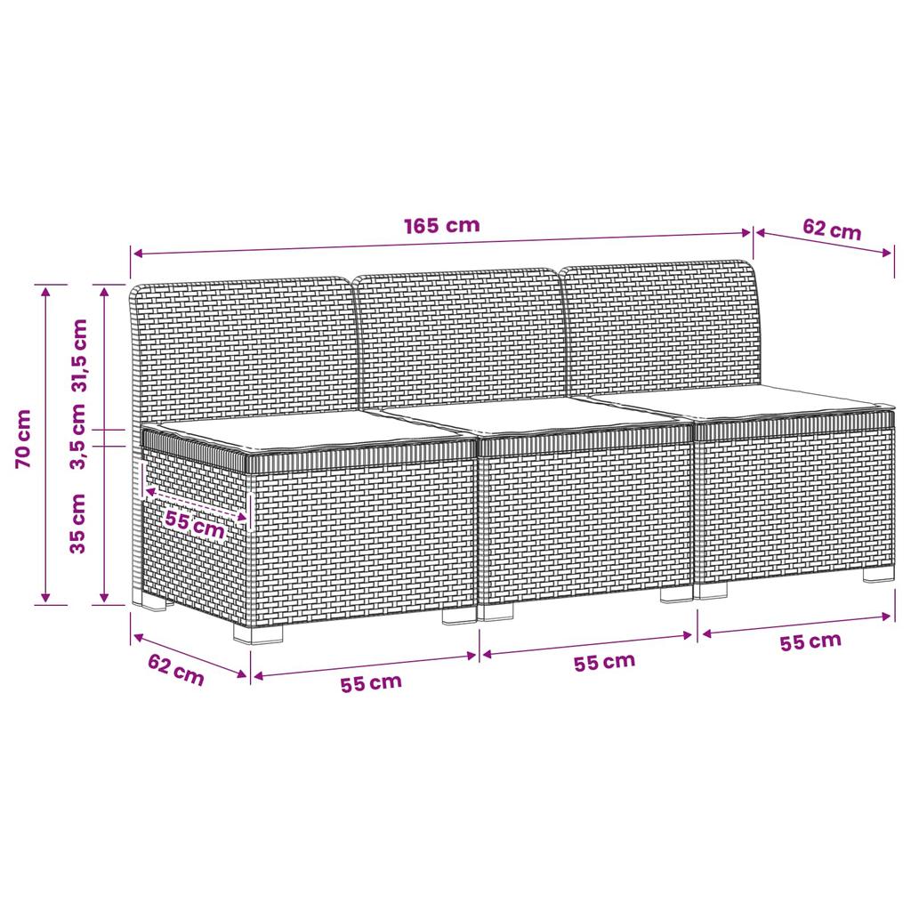 3 Seater Garden Sofa with Cushions Rattan Look PP Brown
