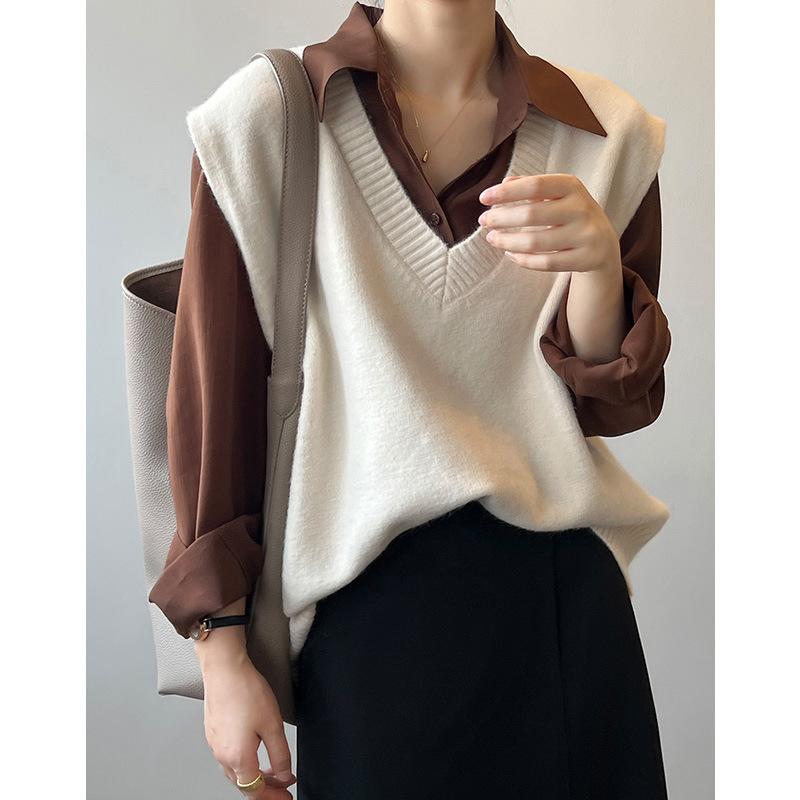 V-neck Knitted Vest Women's Spring Clothes Loose Casual Sweater Vest Inner Layer Top