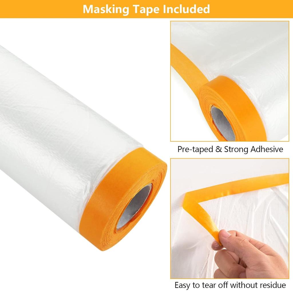 Pre-Taped Masking Film, Clear Plastic Sheeting Plastic Drop Cloths For Painting, Automotive Appliance, Plastic Sheeting Cove