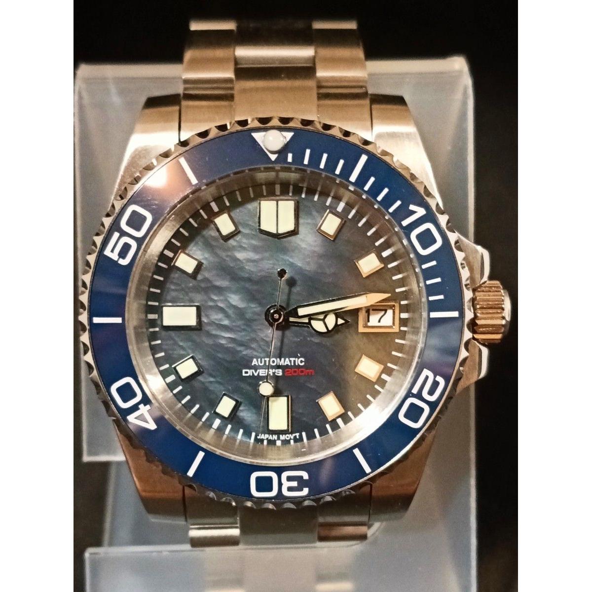 Used Wristwatch Automatic Black Mother of Pearl Dial Navy Bezel Insert NH35 MOD Back Sketch