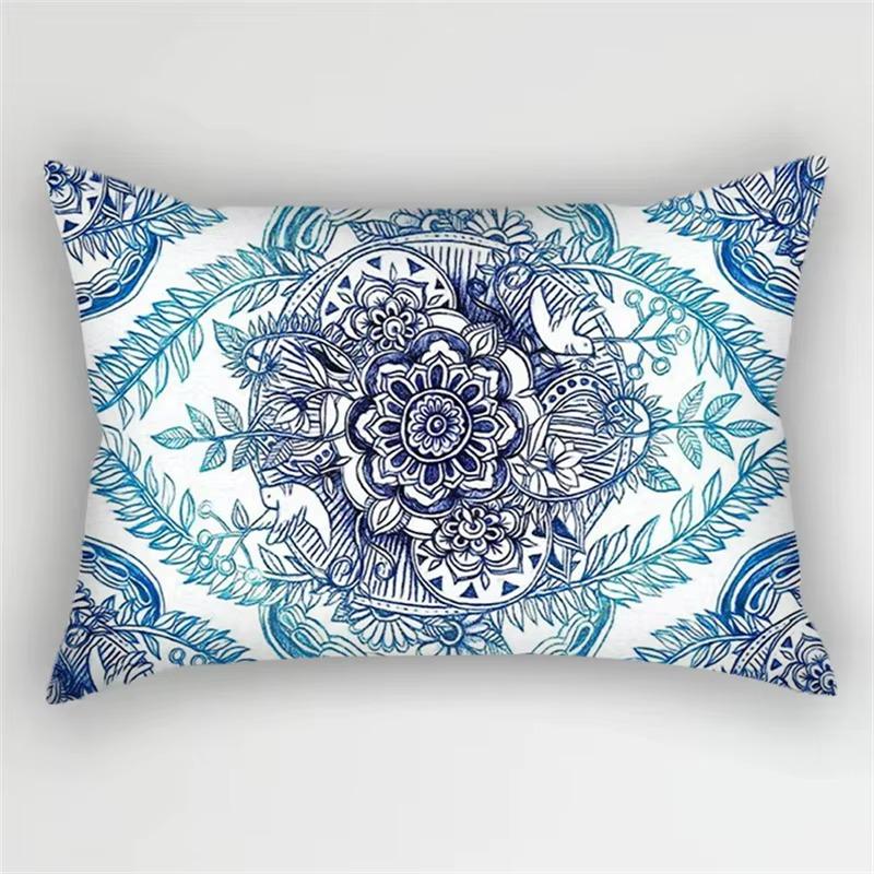 Blue Ink Flowers and Leaves Stripes Pattern Print Decoration Bedroom Living Room Office Home Rectangle Pillowcase