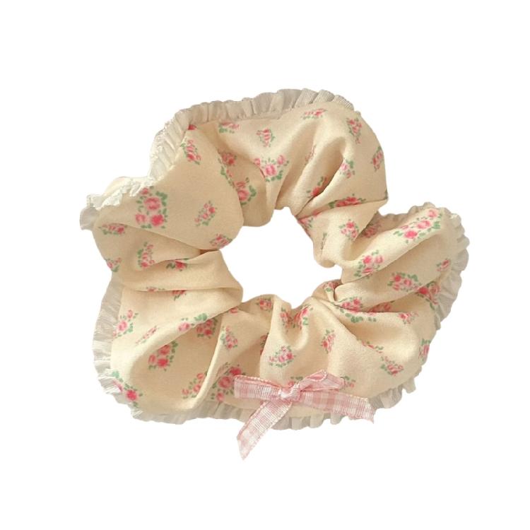 Lace Trimmed Floral Hair Scrunchy Hair Decors Stretchy Soft Fabric Ponytail Holder for Women Girls Various Hairstyles
