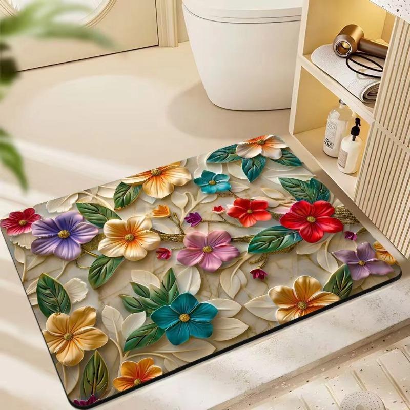 Visual 3D Floral Floor Mat Bathroom Sink Bathtub Side Absorbent Anti Slip Dirt Resistant Rug Entrance Carpet Home Decoration