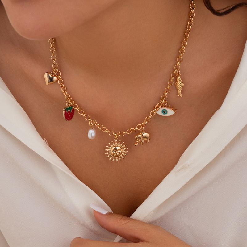 Evil Eye Charms Necklace for Women Cute Creative Heart Gold Color Boho Collars Sun Strawberry Pendant High Quality Party Jewelry