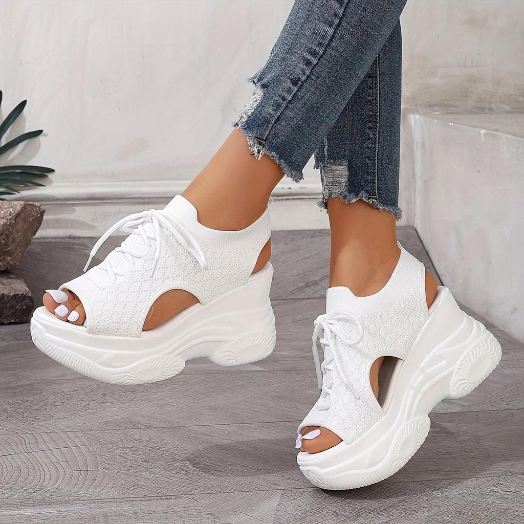 Damen Sommer Plateau Keilsandalen Atmungsaktives Gewebtes Elastisches Obermaterial Offene Zehenpartie Schnürung Bequem Weich Besohlt Hochhackig Freizeit Schuhe