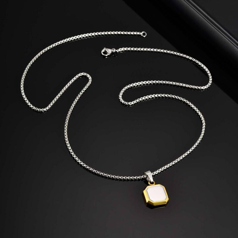 Stainless Steel Square Pendant Necklace Men Long Chain Layered Hip Hop Jewelry Geometric Titanium