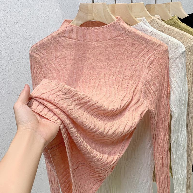 

Вязаная базовая футболка для женщин Новый женский темперамент Пуловер с полувысоким воротником Свитер Облегающий топ 2XL розовый