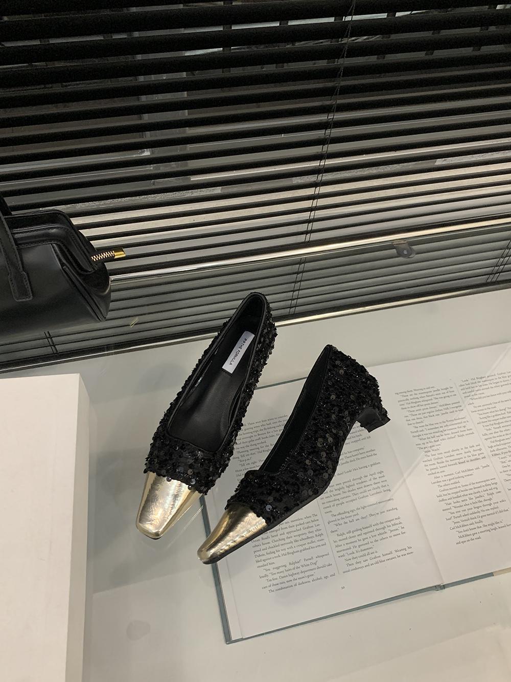 

мода Модные женские босоножки из блесток, летние туфли-лодочки на среднем каблуке, черные, белые, розовые, 2024, повседневные, блестящие, туфли-лодочки для офиса 7.5 чёрный