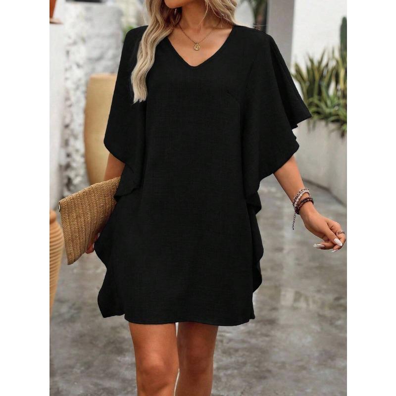 

suer women s clothing, solid color loose ruffle edge fashion V-neck dress XXL чорний