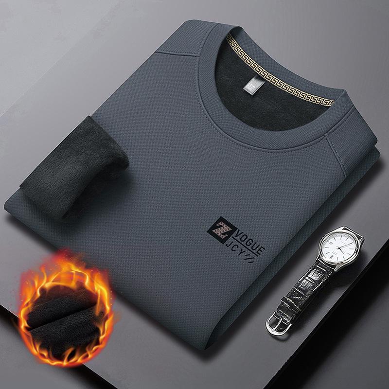 Men's Long Sleeve Round Neck Sweatshirt - Thick Velvet, Warm Base Layer for Autumn/Winter Fashion