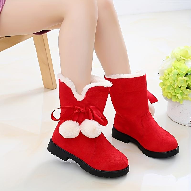 Girls Winter Snow Boots Fleece Lining Round Toe Striped Pattern Zipper Closure Ankle High PVC Sole Fabric Insole Random Style Pink Black Red