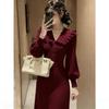 French Gentle Wind Light Luxury Doll Collar Bubble Sleeve Knitted Dress Women's Spring Senior Sense Slim Waist Long Dress