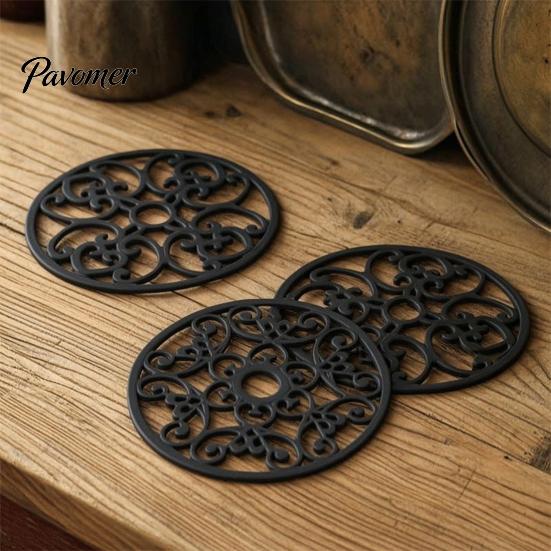 Easy to Clean Hanging Coaster 3Pcs Heat Resistant Silicone Trivet Mats for Hot Dishes, Non-Slip Flexible Kitchen Coasters Retro Hollow Pattern