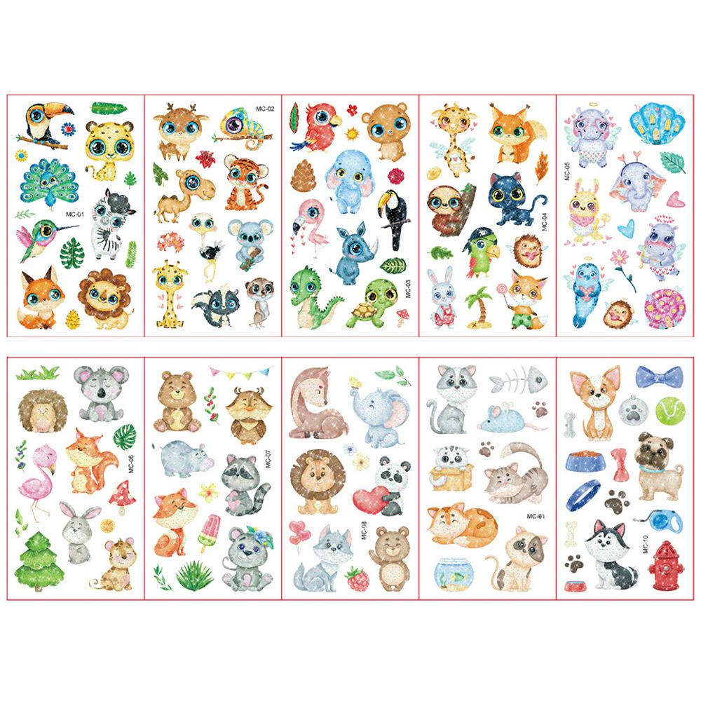 10 Sheetsset Children'S Colorful Glitter Tattoo Stickers Cartoon Animal Unicorn Butterfly Temporary Fake Tattoos Kids Gift