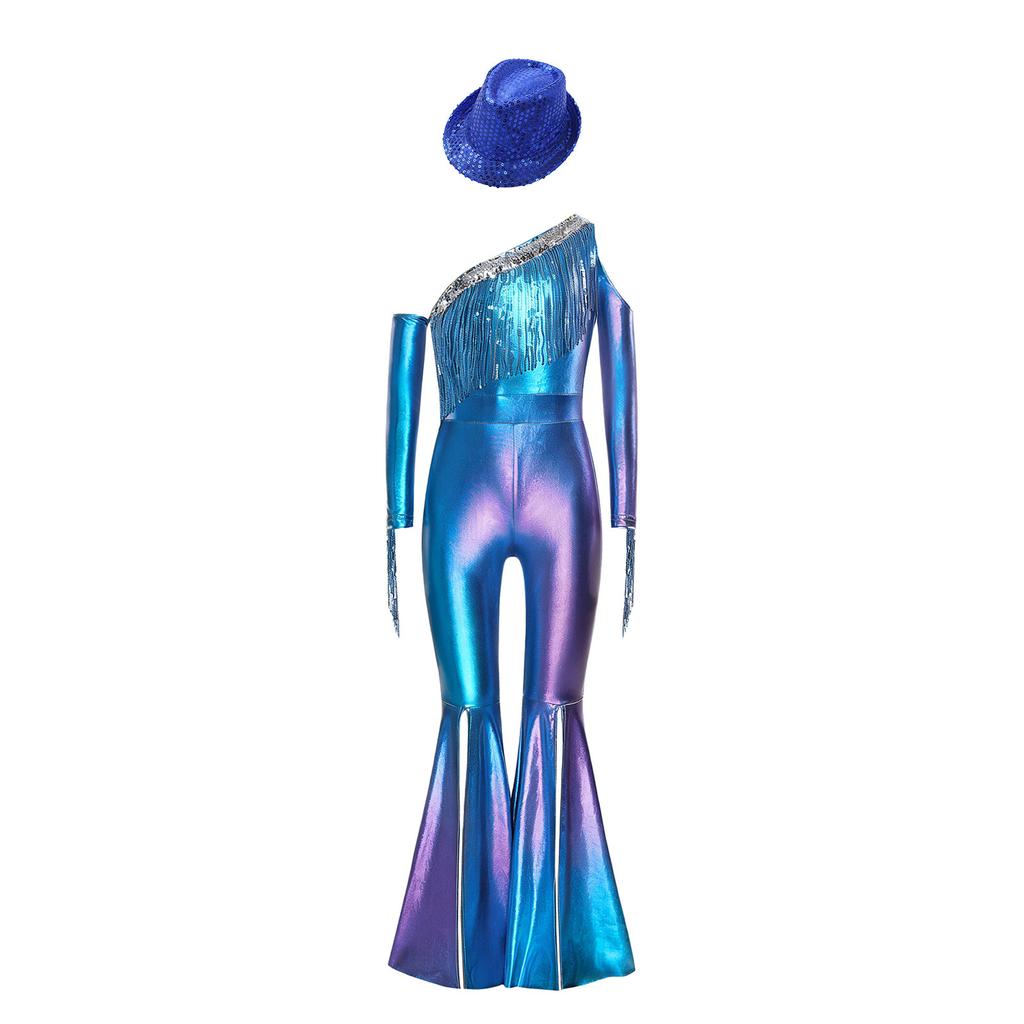 Girls Off Shoulder Jumpsuit Long Sleeve Sequin Tassel Detail Slit Bell Bottom Metallic Romper Hat Included