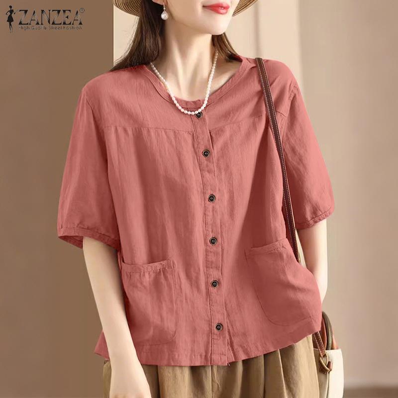 ZANZEA Women Casual Round Neck Short Sleeve Patchwork Pockets Blouse