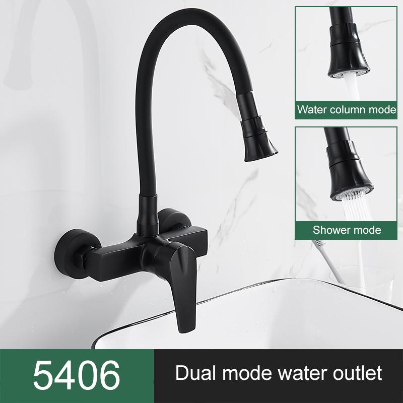 ELLEN Wall Mount Kitchen Sink Faucet Hot Cold Sink Water Mixer Tap 2 Holes Black Faucets 360 Degree Swivel ELK5400