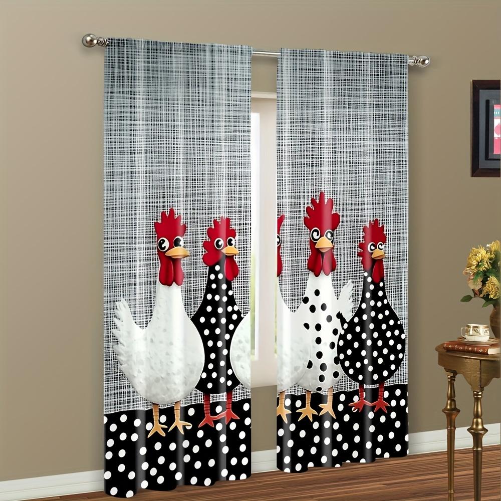 2PCS Digital Print Curtains, Polka Dot Rooster, Farmhouse Country