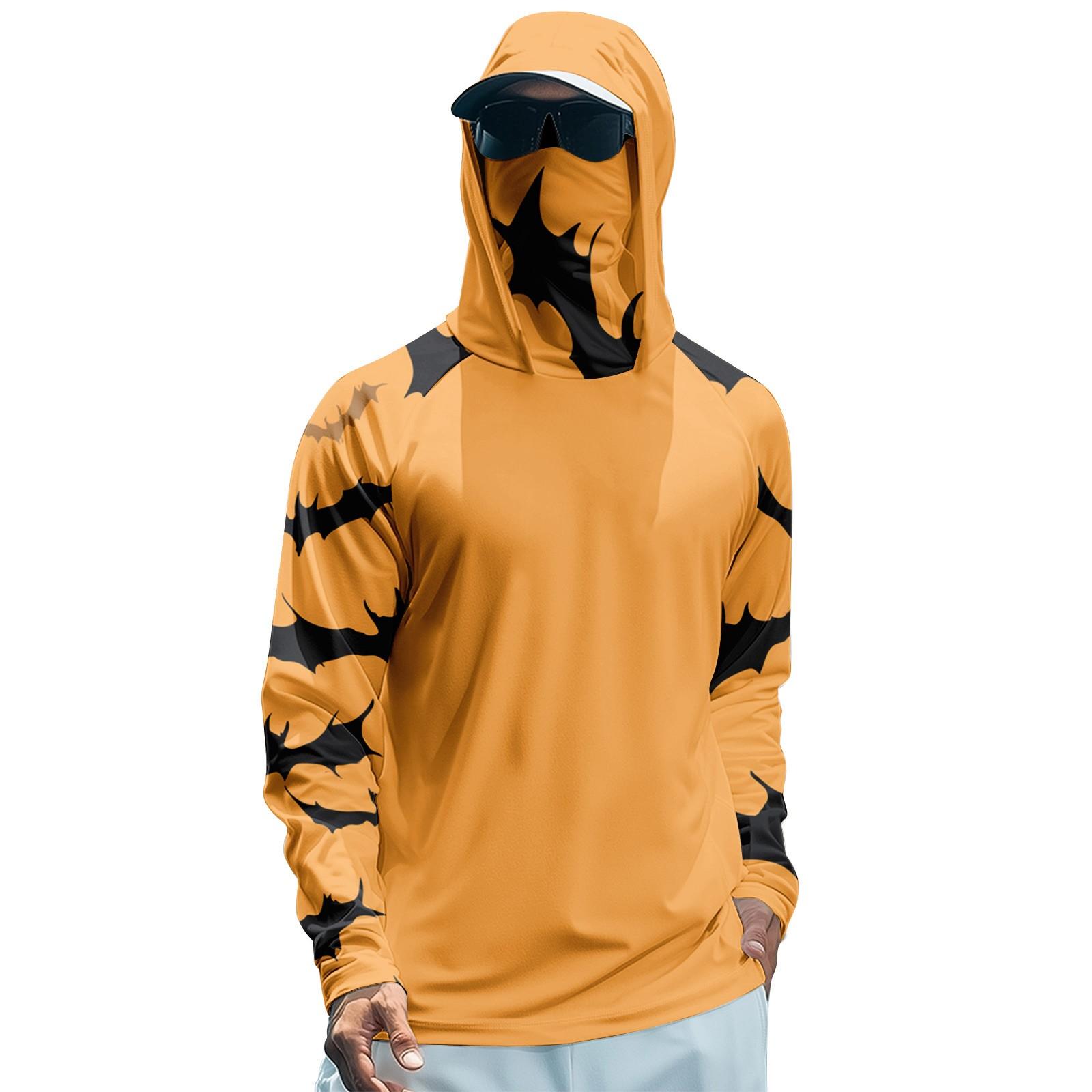 

Мужская худи реглан для рыбалки с принтами на Хэллоуин - UPF 50+ УФ защита, длинный рукав, солнцезащитная рубашка с сетчатым козырьком S шафрановый