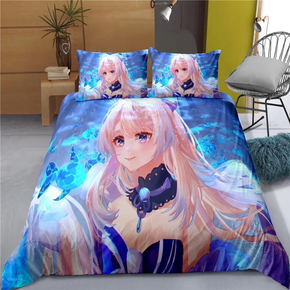 Comforter Indecor Genshin Impact Keqing Bedding Set Single Twin Full Size For Kids Adults Bedroom Decor