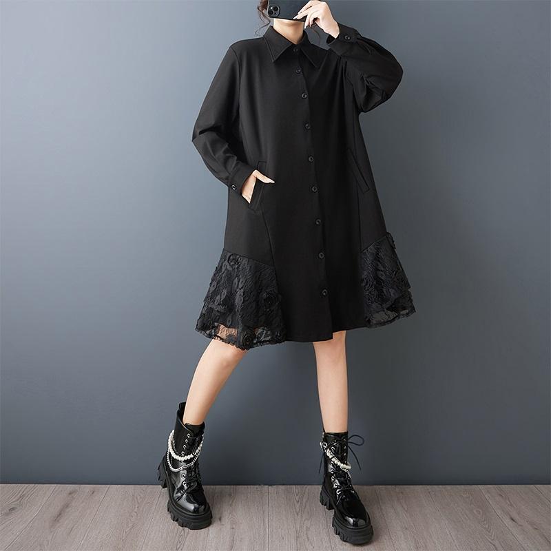 Long Sleeve Plus Size Black Vintage Floral New In Dresses for Women Casual Loose Midi Spring Autumn Shirt Dress