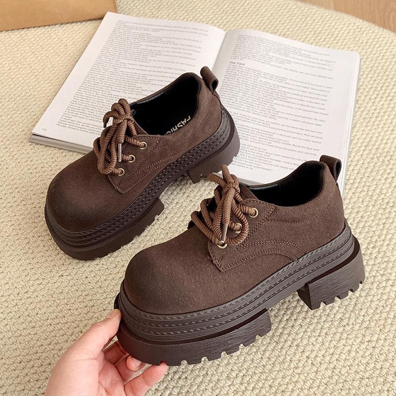 Frosted Leather Muffin Small Leather Shoes Women's Spring Women's Models, Small People Gain Height and Big Head