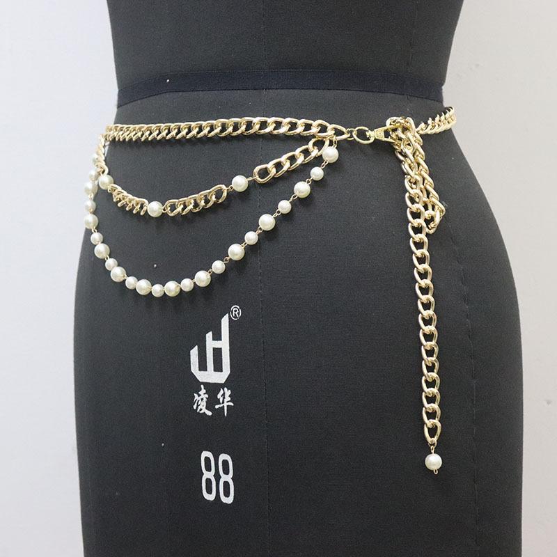 European and American fashion multi-layer metal pearl waist chain jeans long skirt with small ball pendulum chain waist women's jewelry chain