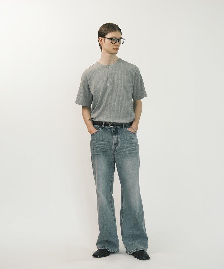 MINAV Cotton Ribbed Henley Neck T-Shirt [Melange Grey]