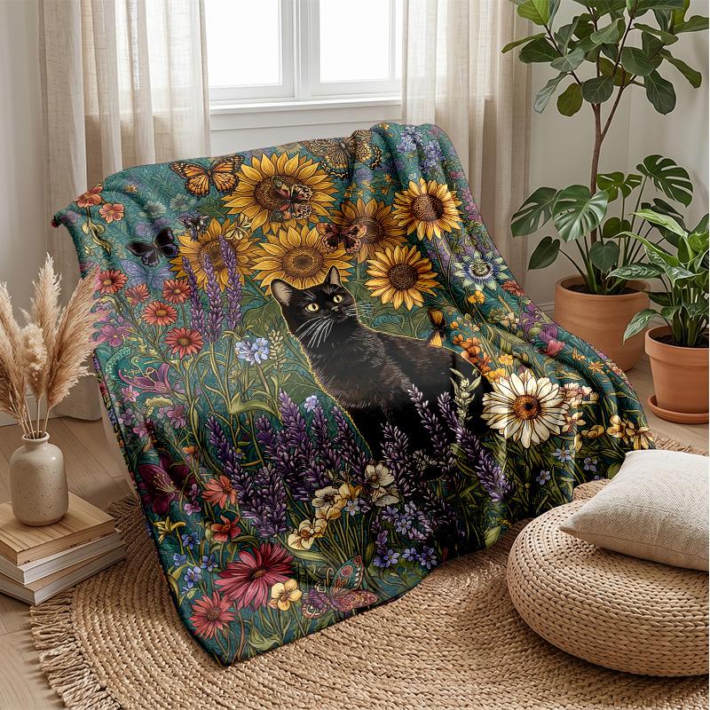 Floral Garden Cat Theme blanket Lightweight Warm Flannel Blanket Decorative Throw Blanket for Home Decoration