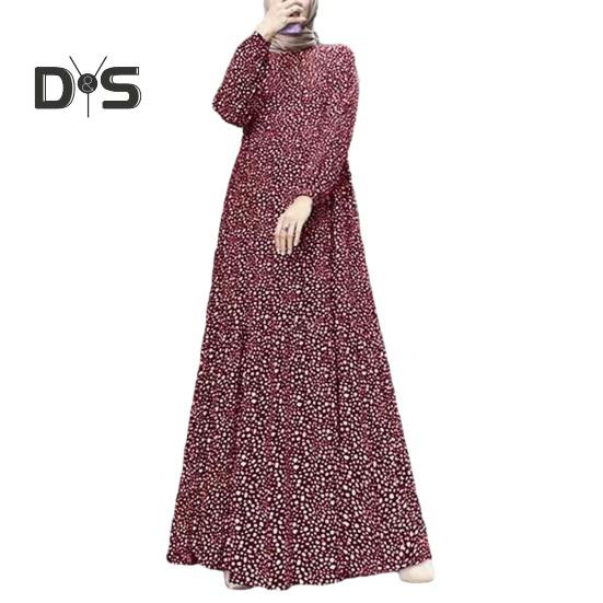 Women Maxi Dress O Neck Long Sleeve Loose A Line Big Hem Dot Print Vintage Soft Patchwork Dubai Turkey Abaya Long Robe Dress