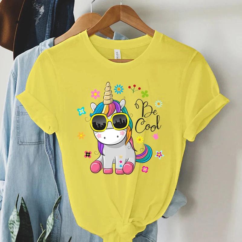 

Футболка с коротким рукавом, принт крутого единорога, женская летняя повседневная футболка в стиле Харадзюку, женская Y2k эстетичная графическая одежда, мультяшная футболка 4XL