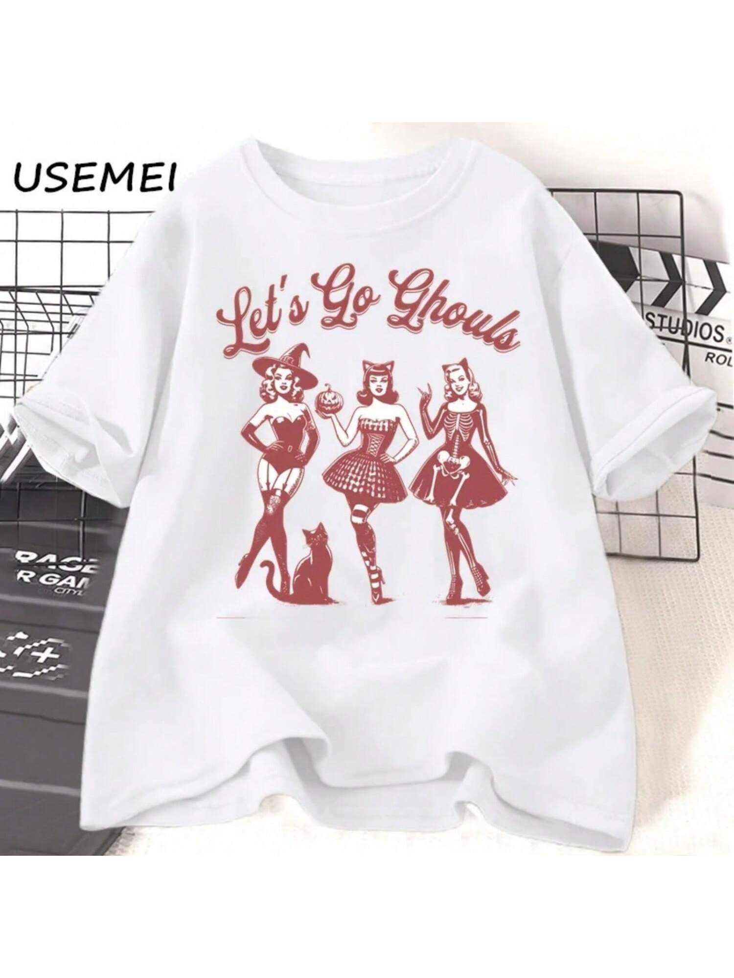 Lets Go Retro Halloween Spooky Mama T-Shirt Women Casual Cotton Fall Witchy Tshirt Short Sleeve Women s Clothing Fall T-Shirts S разноцветный