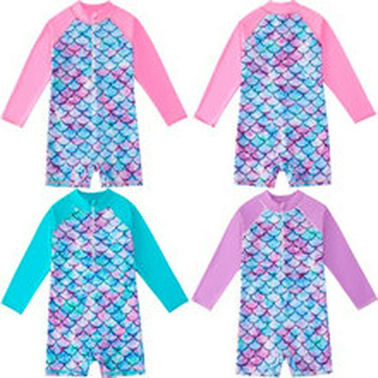 Girls' Long-Sleeve Mermaid One-Piece Swimsuit - Quick-Dry, Sun Protection