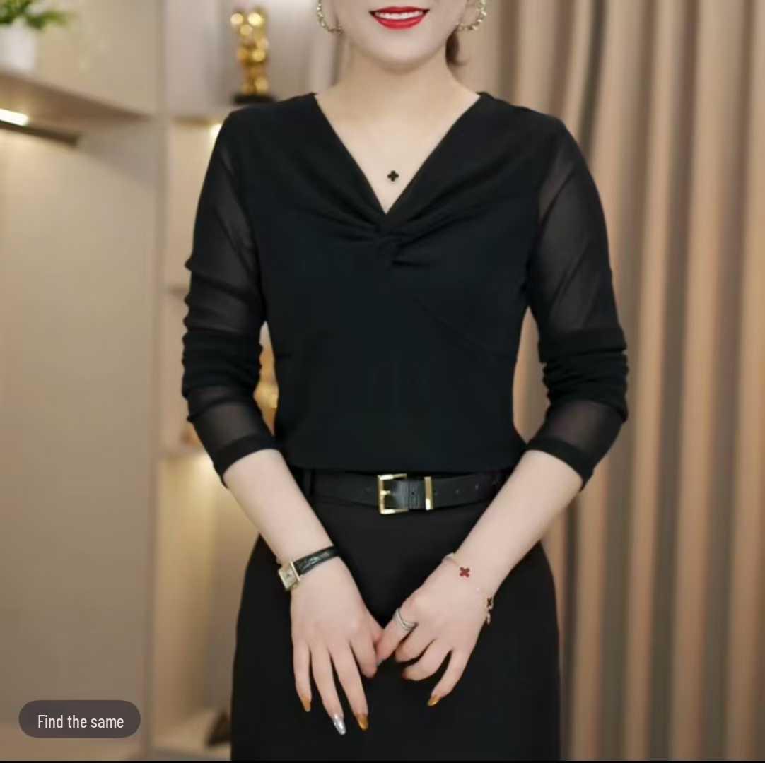 

Elegant V-neck Long-sleeve Mesh T-shirt for Middle-aged & Elderly Moms – Slimming & Flattering Base Layer 4XL (suggested for 65-70 kg) чорний
