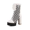 Black White Plaid Ankle Boots Women's with Fur Winter Platform Shoes Mixed Colours Chunky Heels Footwear