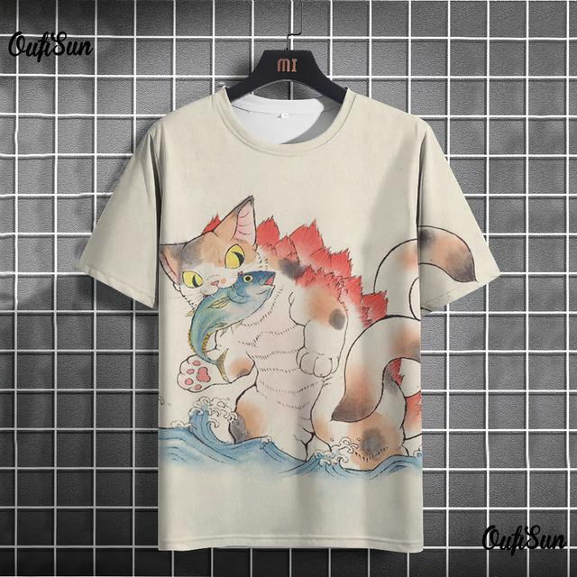 Anime Cat T-shirt For Men Summer O Neck Trendy Short Sleeve Tees Oversized Streetwear Casual Sweatshirt Male Basic Clothing Tops