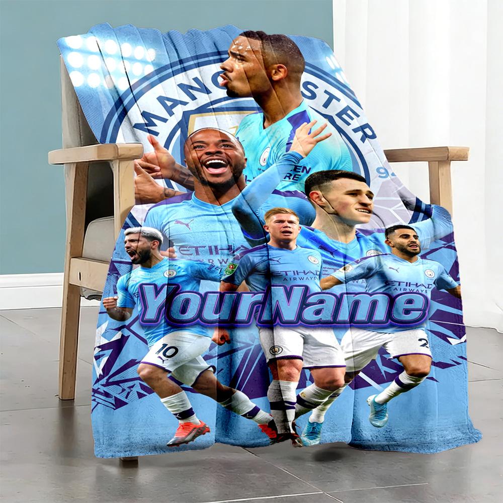 Manchester City Personalized Name Blanket Multi-purpose Customizable Blanket Soft Warm Cozy Perfect for Nap Bed Seaside Couch Four Seasons Multipurpos