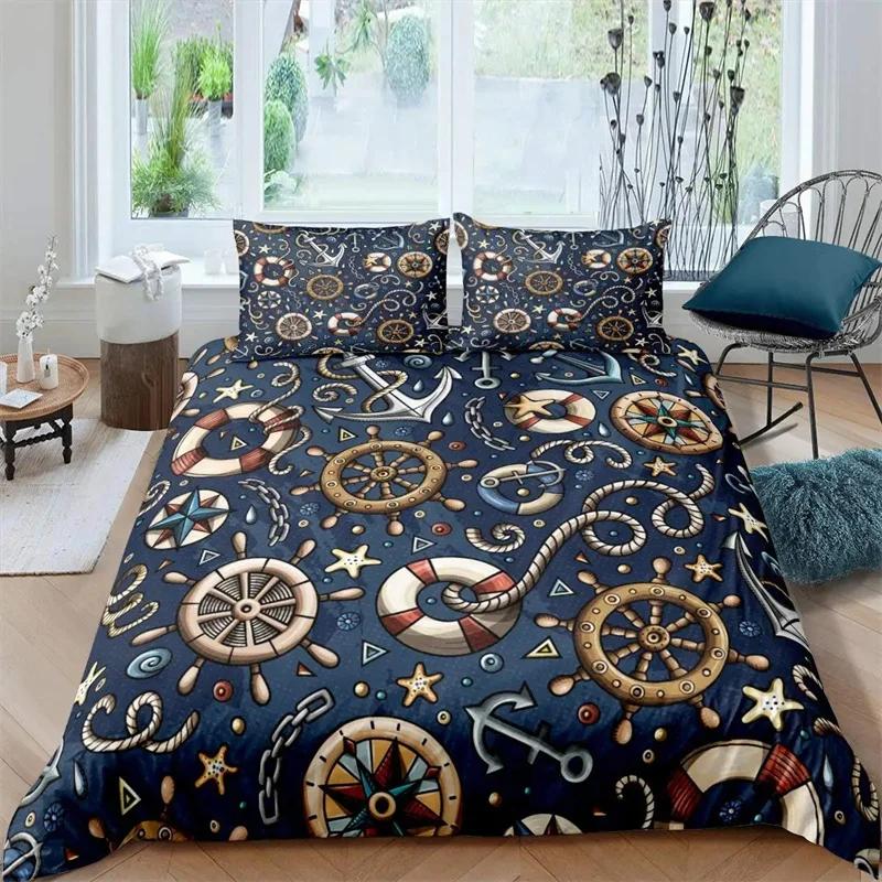 Duvet Cover Compass and Wind Rose Nautical Theme Voyage Words Decorative Bedding Blue White Room Decoration for Women Men Gifts