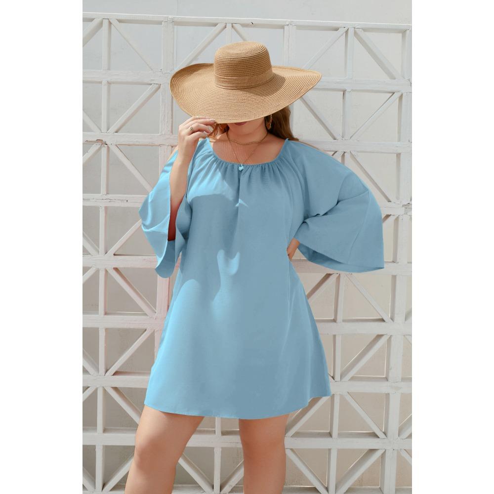 

XL-4XL Большие женские платья Однотонные повседневные праздничные платья Платья для путешествий с круглым вырезом и рукавами-фонариками 4XL синий