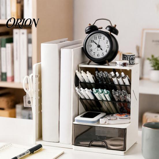 Compact Plastic Desk Shelf Pen Organizer with Retractable Bookends And Pegboard, Multi-Functional Angled Makeup Essential Classroom Organization